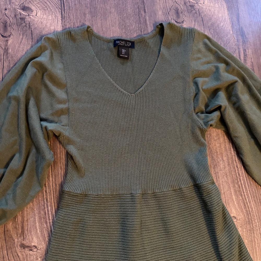 Rachel Zoe Sweater Dress Olive Green Ribbed Balloon Sleeve Chic Women Large L - Picture 2 of 10